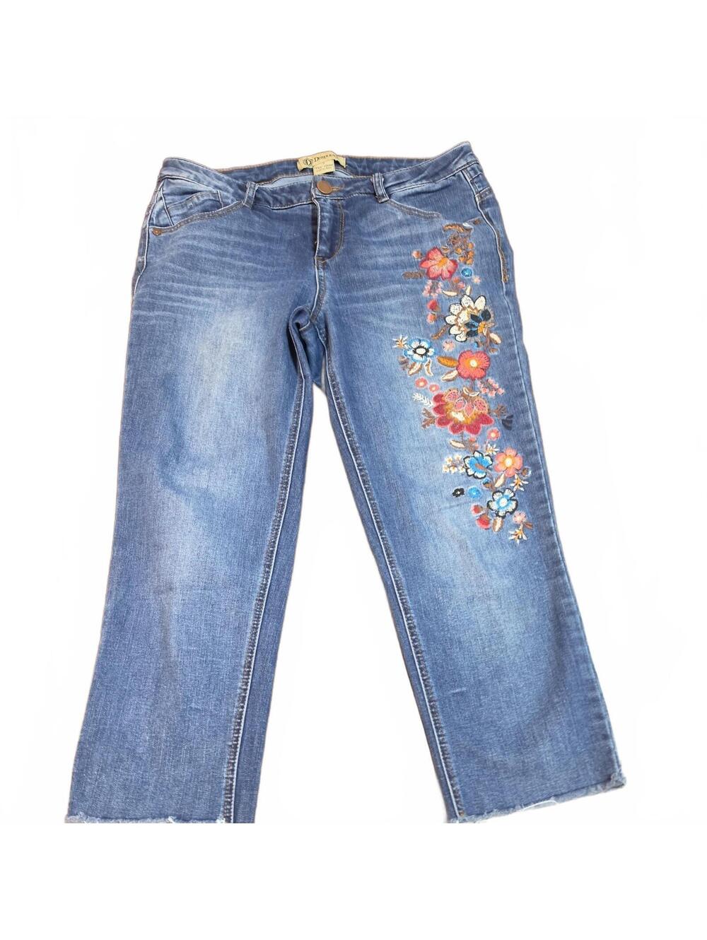 Democracy Women's Floral Embroidered Raw Hem Dark Wash Denim Jeans , Size 4